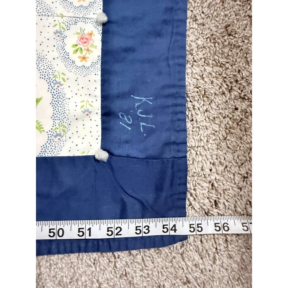 Vintage 1981 Handmade Floral Patchwork Tied Quilt Blue Pink 55x82